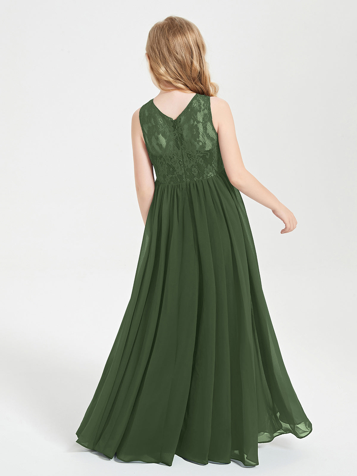Long Junior Bridesmaid Dresses Illusion Lace Top Olive Green
